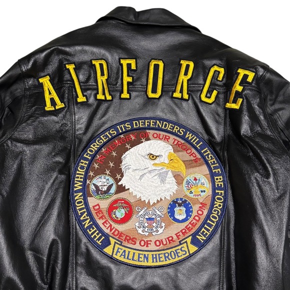 Oscar Piel US Air Force Black Patches Leather Bomber Jacket Men's Large - Picture 5 of 11